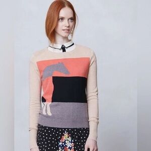 Anthropologie Coral, Black & Cream Horse Intarsia Crewneck Sweater